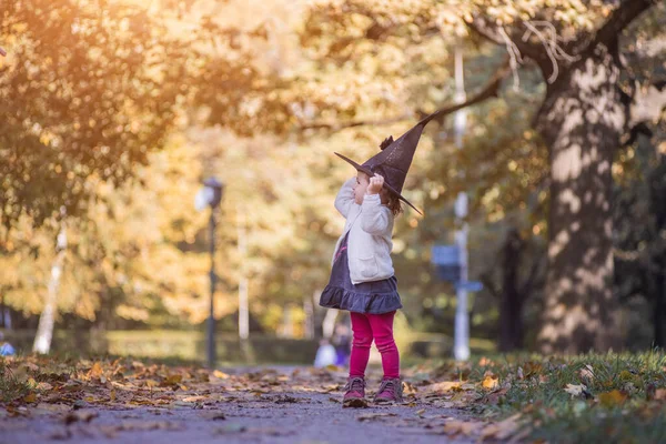 哈洛埃斯 克莱夫斯卡 阳光明媚的秋天 戴着黑女巫帽的可爱的小女孩牵着手微笑在秋天的森林里 — 图库照片