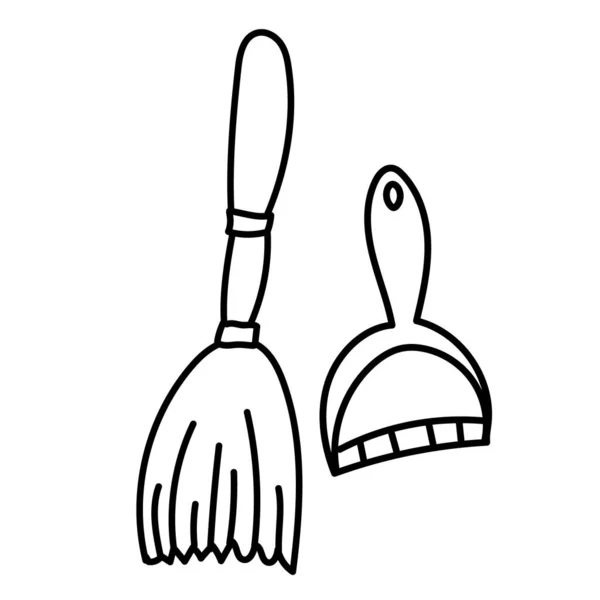 Balai et cuillère pour le nettoyage de la maison, ensemble d'éléments de gribouillage dessinés à la main — Image vectorielle