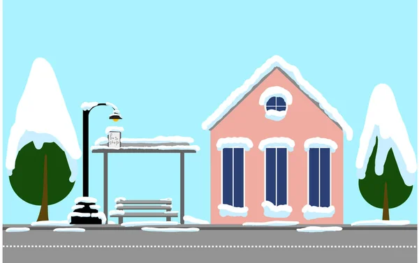 Town postcards winter landscape bus stop and house horizontal blank for greeting card Merry Christmas —  Vetores de Stock