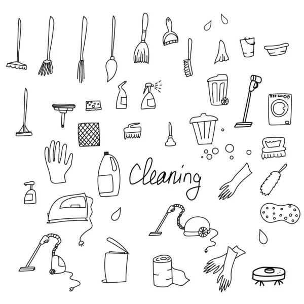 Σύνολο διανυσματικών στοιχείων με αντικείμενα για καθαρισμό. Πλυντήριο ρούχων, σκόνη, ηλεκτρική σκούπα doodle. — Διανυσματικό Αρχείο