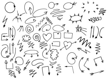 Çizim tekniğinde farklı şekillerde ve tarzlarda oklar var. Ok işaretçilerinin vektör koleksiyonu: kabarcık, kalp, noktalı, çizgili ok, iki tarafta ok