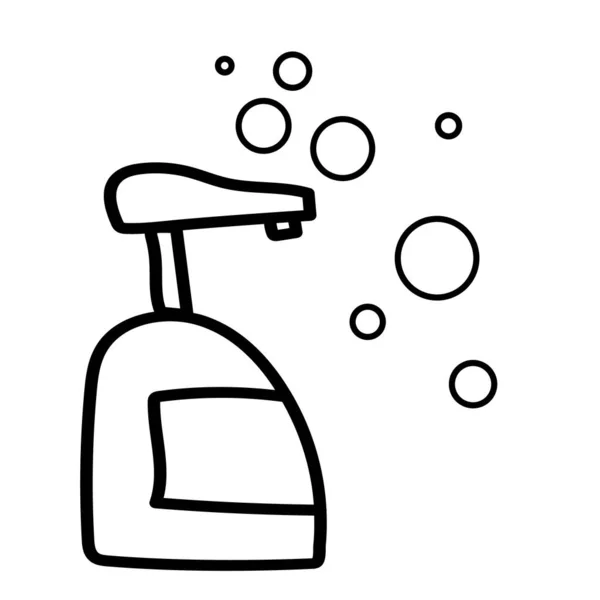 Vloeibare zeep in een fles met dispenser. vector hand getekend doodle stijl — Stockvector