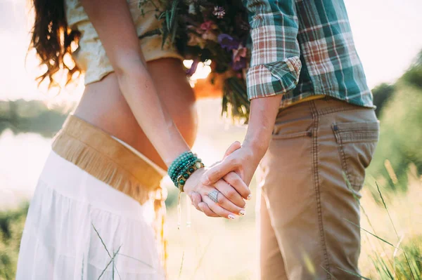 Pregnant Girl Her Husband Gently Touch Hands — Stock Photo, Image