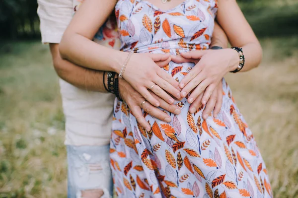 Young Couple Gently Touch Tummy Expectant Mother — Stock Photo, Image