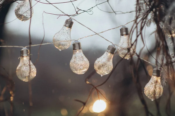 Dekorationen Aus Einer Girlande Aus Elektrischen Lampen Auf Einer Party — Stockfoto