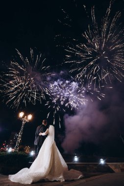 Yeni evliler şehrin üzerindeki gece havai fişeklerine bakıyorlar.