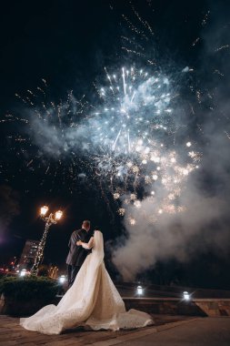 Yeni evliler şehrin üzerindeki gece havai fişeklerine bakıyorlar.