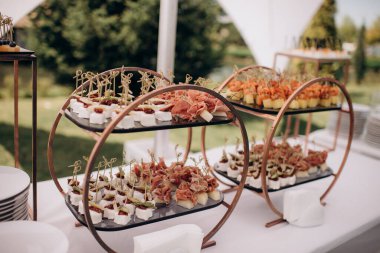 Büfe, yemek servisi, çeşitli kanepeler ve salatalar.