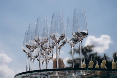 Şampanya ya da beyaz şarap için bir sürü boş bardak.