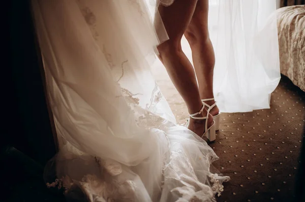 Bride Legs Elegant Shoes Close — Stock Photo, Image