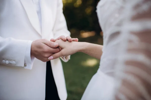 Recém Casados Apaixonados Mãos Dadas — Fotografia de Stock