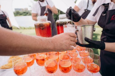Bir şölende elinde alkol bardakları olan insanlar.