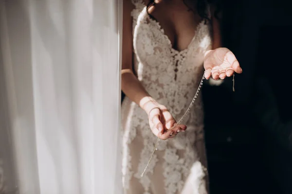 Bride Wedding Dress Gently Touches Ring Her Fingers — Stock Photo, Image