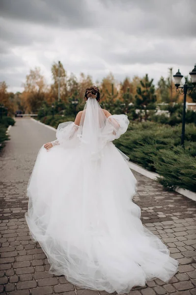 Bride Wedding Dress Runs Nature — Fotografia de Stock