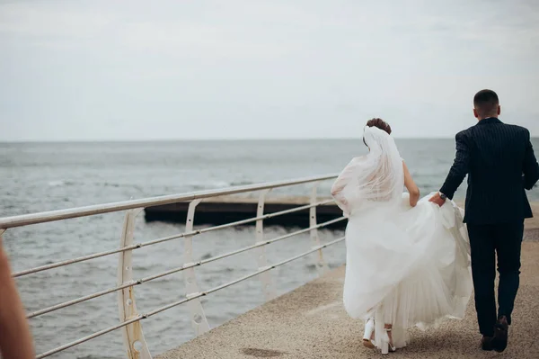 Bride Groom Walking Pier — стоковое фото