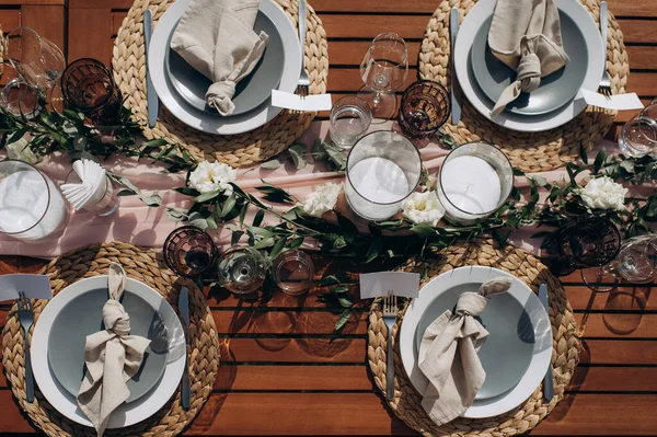 Serving Rectangular Wedding Festive Table Banquet Top View — Foto de Stock