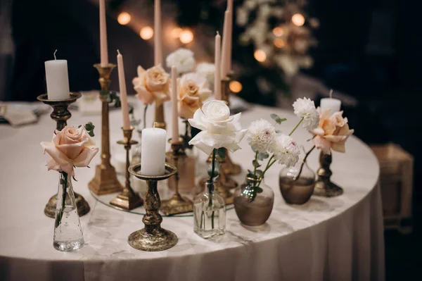 Décor Bohème Boho Avec Des Bougies Sur Table Banquet Mariage — Photo