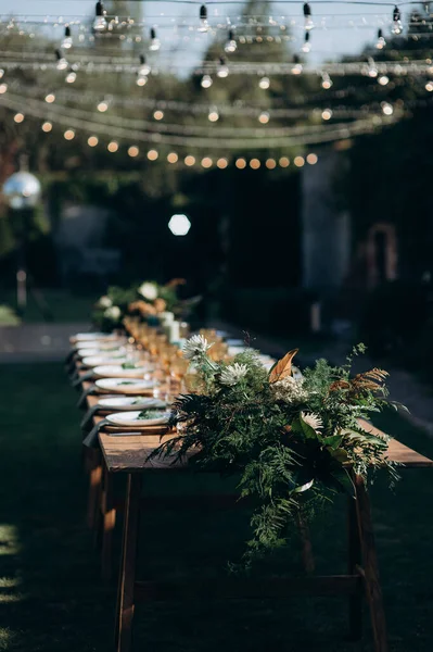 Rectangular Wedding Festive Set Table Patio Garden Nature — стоковое фото