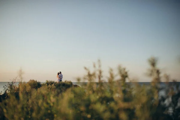 在山间的田野里散步的夫妻 — 图库照片