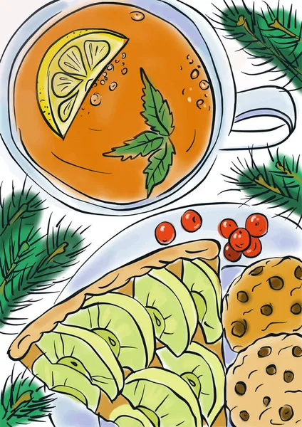 Zeichnung Von Tee Mit Zitrone Und Minze Und Weihnachtskuchen — Stockvektor