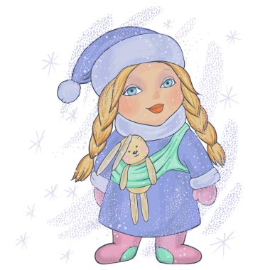 Tavşan oyuncağıyla bir kardan kız çizimi