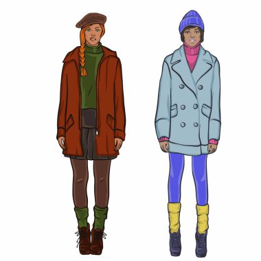 Sonbahar kıyafetleri içinde iki model kız çiziyor.