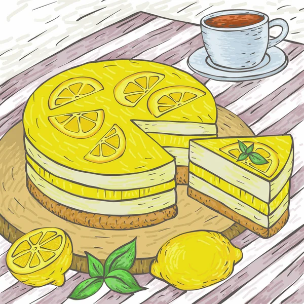 Limonlu Bir Tahtaya Limonlu Cheesecake Çizmek Bir Fincan Kahve — Stok Vektör