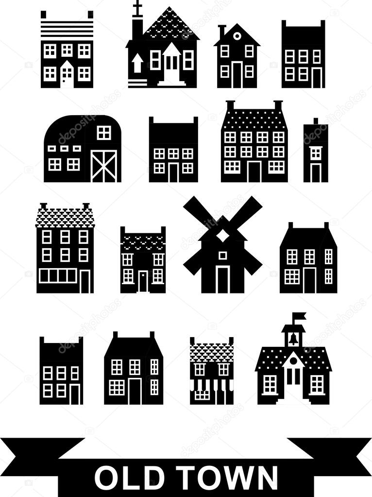 Set of urban homes in black and white color palette