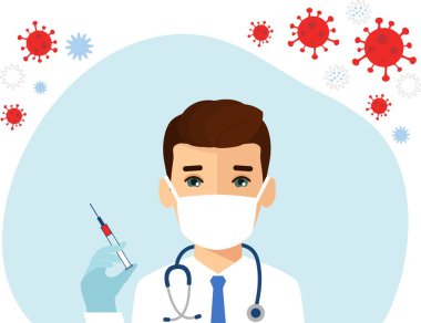 Beyaz tıbbi maskeli ve şırıngalı bir doktorun karakteri..