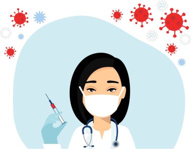 Beyaz tıbbi maskeli ve şırıngalı bir doktorun karakteri..