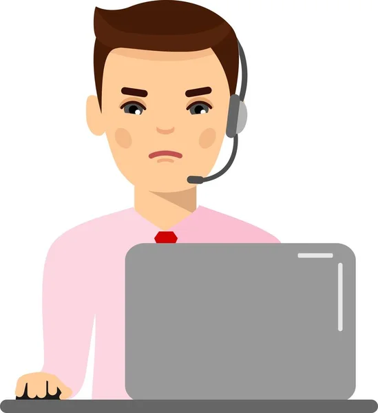 Man Helpline Operator met Headset aan zijn bureau met Laptop Computer. — Stockvector