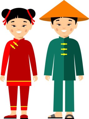 Ulusal kostüm giymiş bir grup Çinli, Japon. Çinli, Japon çocukların vektör illüstrasyonu, erkek, kız.