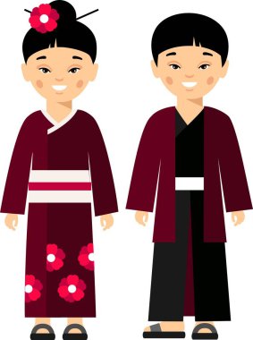 Ulusal kostüm giymiş bir grup Çinli, Japon. Çinli, Japon çocukların vektör illüstrasyonu, erkek, kız.