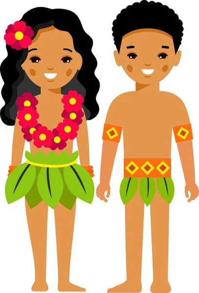 Set Hawaiian African Man Woman Dressed National Costumes — Stock Vector