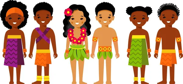 Set Hawaiian Bărbat African Femeie Îmbrăcată Costume Naționale — Vector de stoc