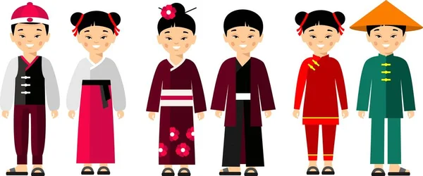 Набір Китайських Японських Людей Одягнених Національні Костюми Векторні Ілюстрації Китайських — стоковий вектор