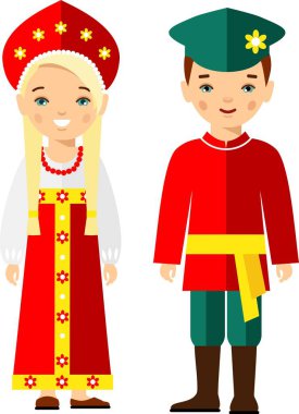 Rus kadın ve erkek ulusal kostümleri giymiş seti.