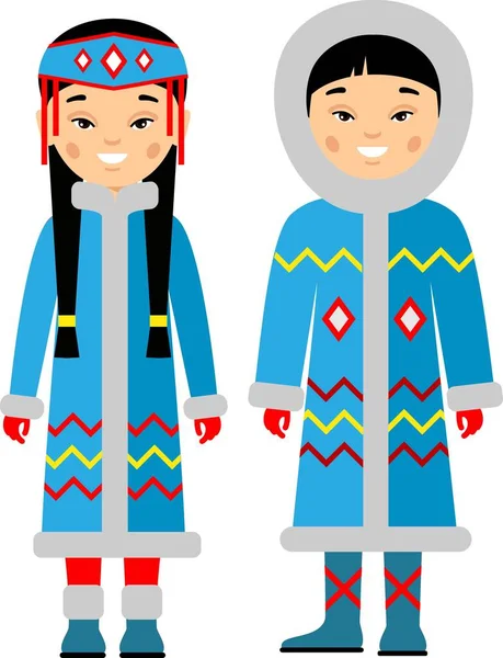 Eskimo kadın ve erkek ulusal kostümleri giymiş seti