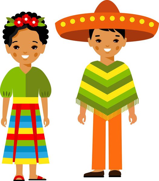 Set of mexican woman and man dressed in national costumes.
