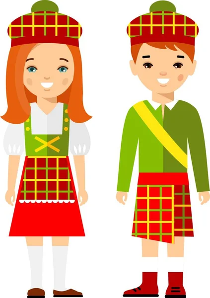 Conjunto Mujer Hombre Escoceses Vestidos Con Trajes Nacionales — Vector de stock