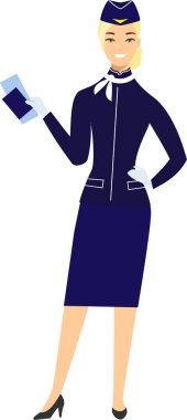 Flat cute cartoon stewardess of aircraft characters in air uniform.