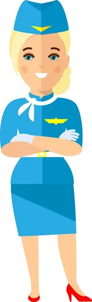 Flat cute cartoon stewardess of aircraft characters in air uniform. — Wektor stockowy