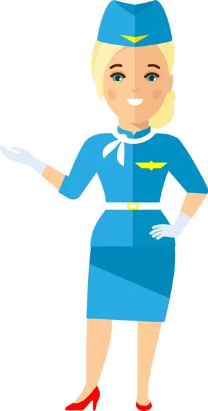 Flat cute cartoon stewardess of aircraft characters in air uniform. — Stok Vektör