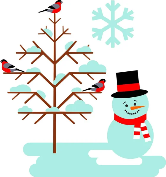Winter Season Concept Flat Style Vector Illustration Winter Tree Bullfinch — Stock Vector