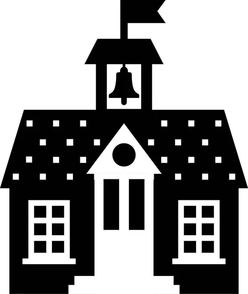 Ilustración Edificio escolar con bandera, campana, reloj en blanco y negro paleta de colores. — Vector de stock