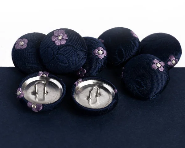 Row Navy Silk Covered Fabric Buttons Handmade Crafts Haberdashery Sewing — Stock Photo, Image