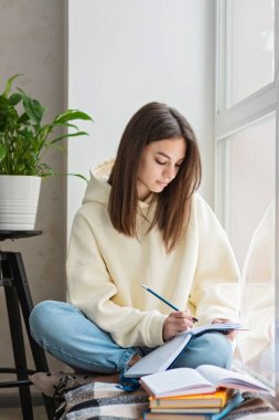 Genç bir kız evde uzaktan sınav için hazırlanıyor. Evde eğitim, eğitim. Yumuşak seçici odak.