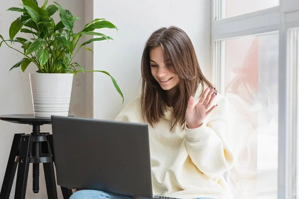 Teenager Schülerin Fernunterricht Virtuellen Fernunterricht Mit Dem Lehrer Videokonferenz Webinar — Stockfoto