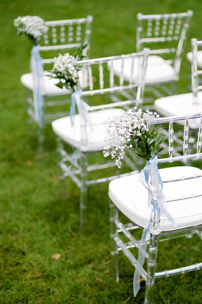 Flower Decorated Chairs Guests Outdoor Wedding Ceremony Soft Selective Focus — Stockfoto