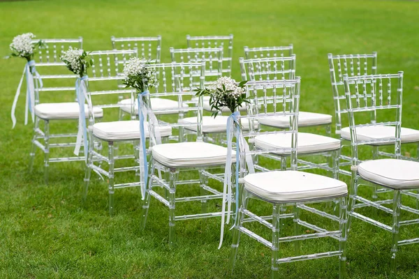 Flower Decorated Chairs Guests Outdoor Wedding Ceremony Soft Selective Focus — Stockfoto